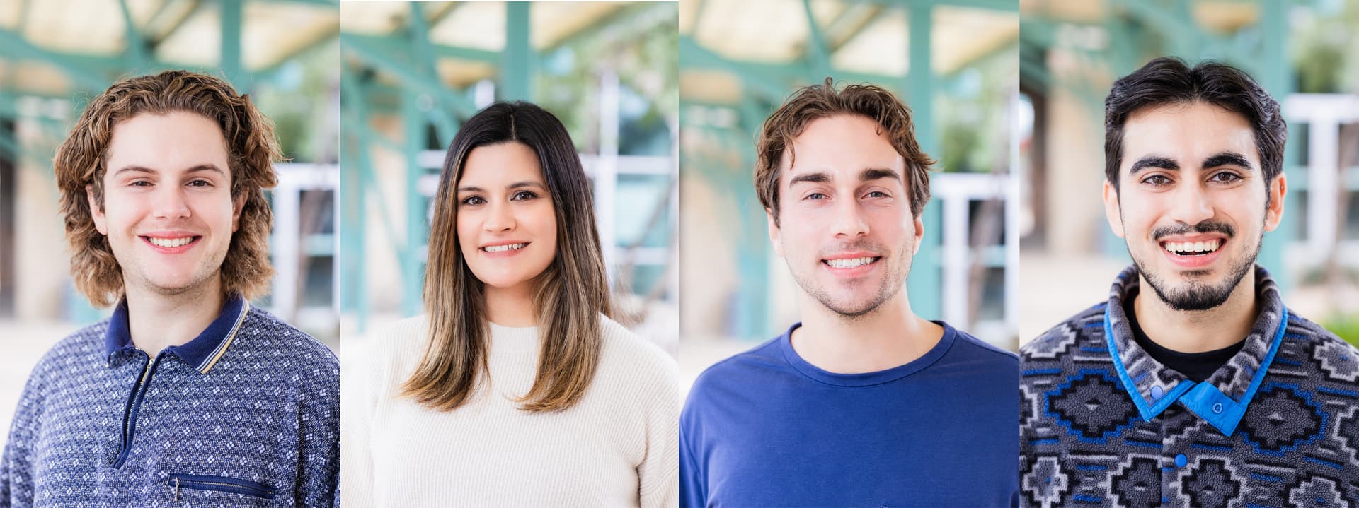 Grid of consistent team headshots — four professionals all photographed with identical lighting, background, and color grading, showing the visual cohesion that only comes from a single professional session