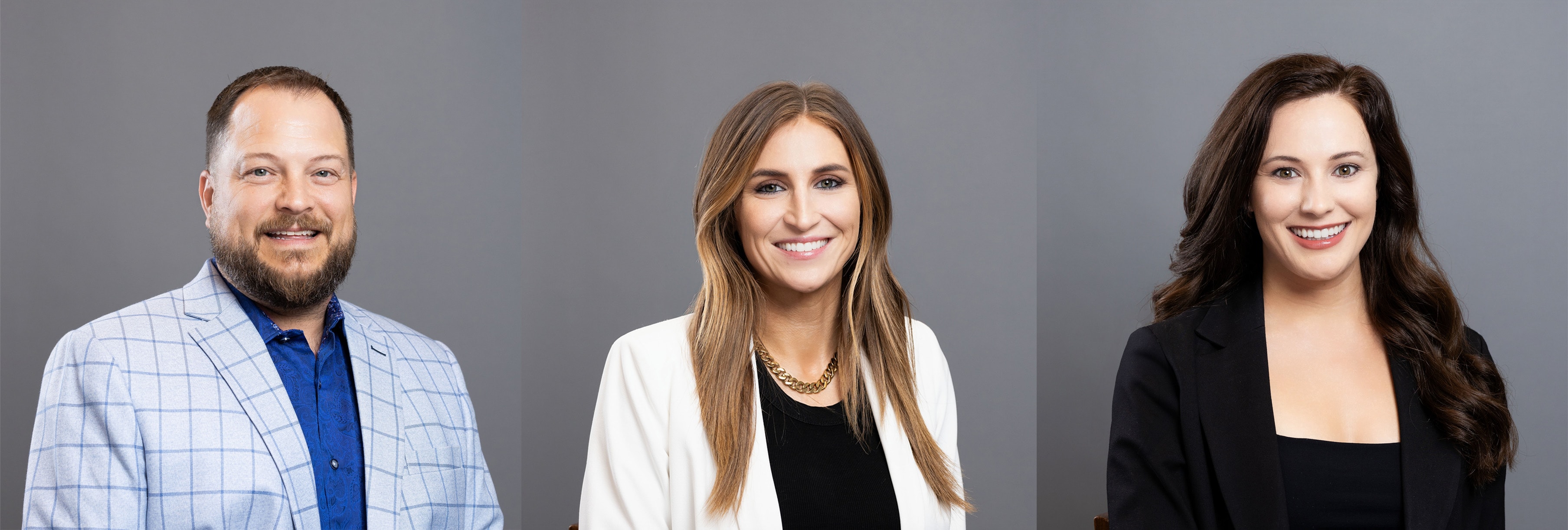 A cohesive set of headshots taken for a professional real estate firm. each team member appears professional, approachable, and natural. the lighting is studio quality, with a neutral grey backdrop.
